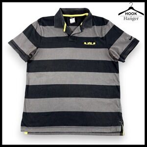 Vintage Nike LeBron James Rugby Polo Shirt Mens L Gray Black Stripe Logo Y2K S/S